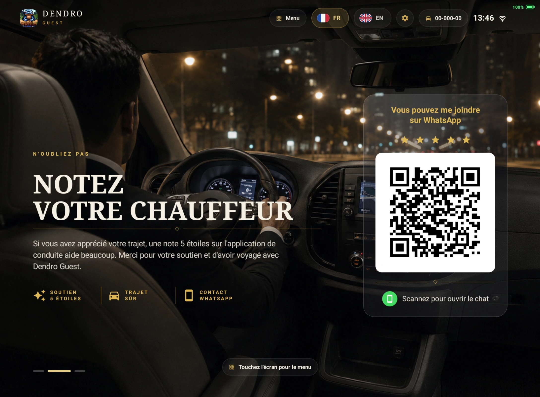 Une publicité affichée en plein écran sur la tablette : titre Notez votre chauffeur, texte, et un QR code WhatsApp à droite.