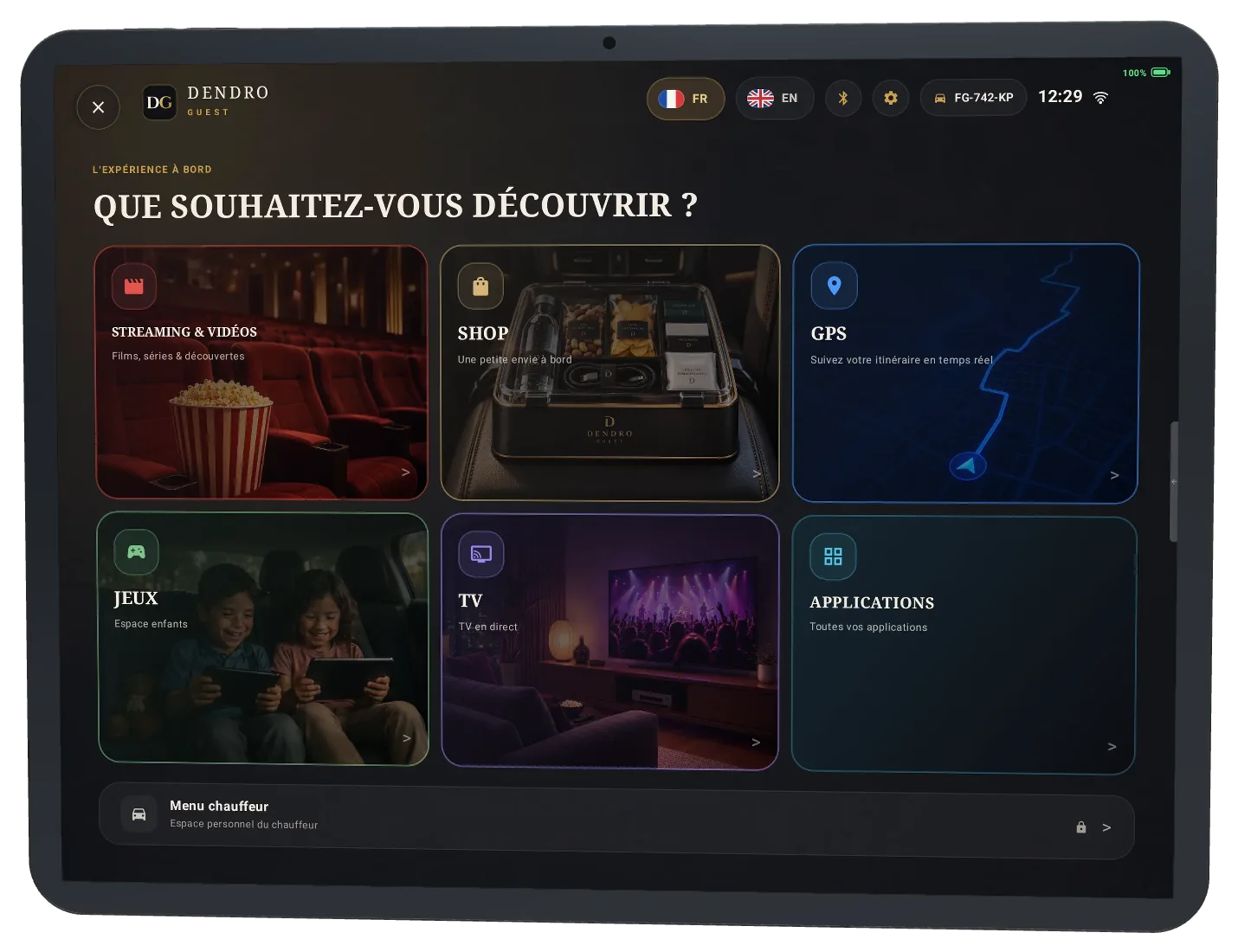 La tablette Dendro Guest et son menu passager : streaming, boutique, GPS, jeux, TV et applications